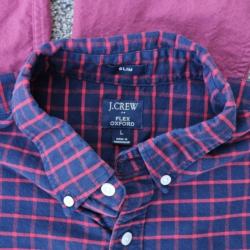 J. Crew Slim Fit Flex Oxford Long Sleeve Button Down Plaid Shirts LOT Mens Large